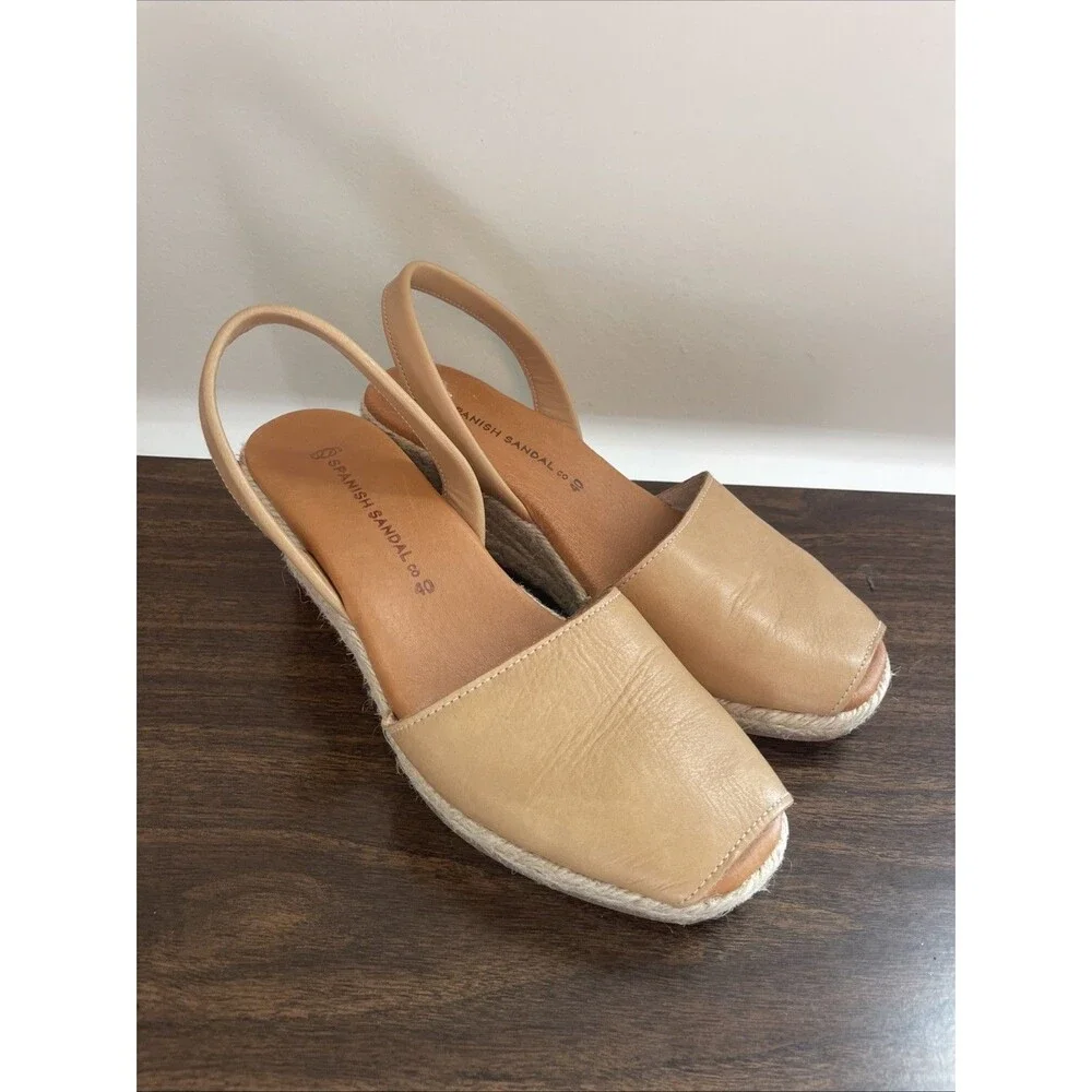 Spanish Sandal Co Leather Wedge Espadrilles Tan Slingback Peep Toe Shoes 40 - Picture 4 of 6